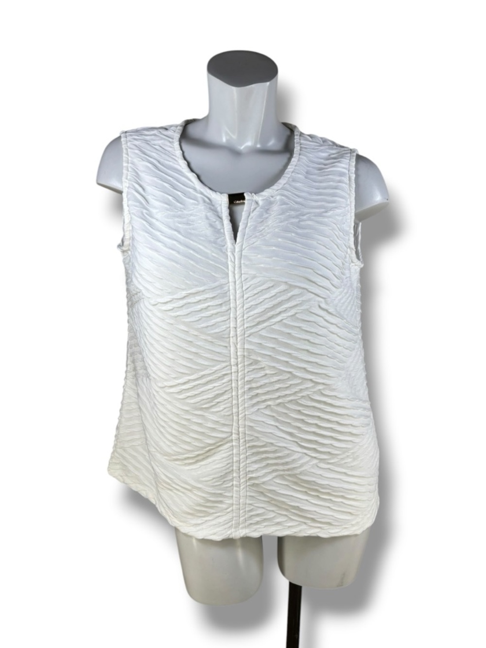 Calvin Klein NWT White Sleeveless Textured Blouse with Gold Logo Accent in XL